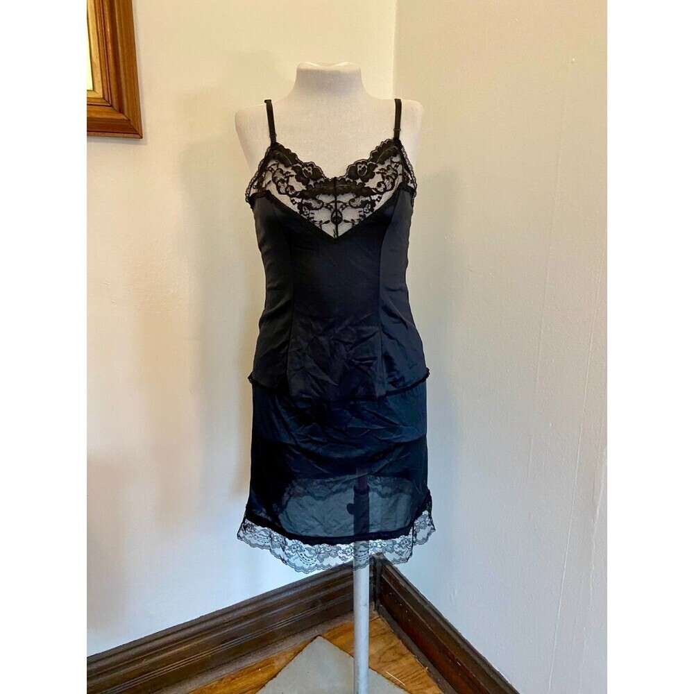 VTG Camisole & Slip Skirt Black VASSARETTE Sexy Lingerie Set Coquette Lace Med